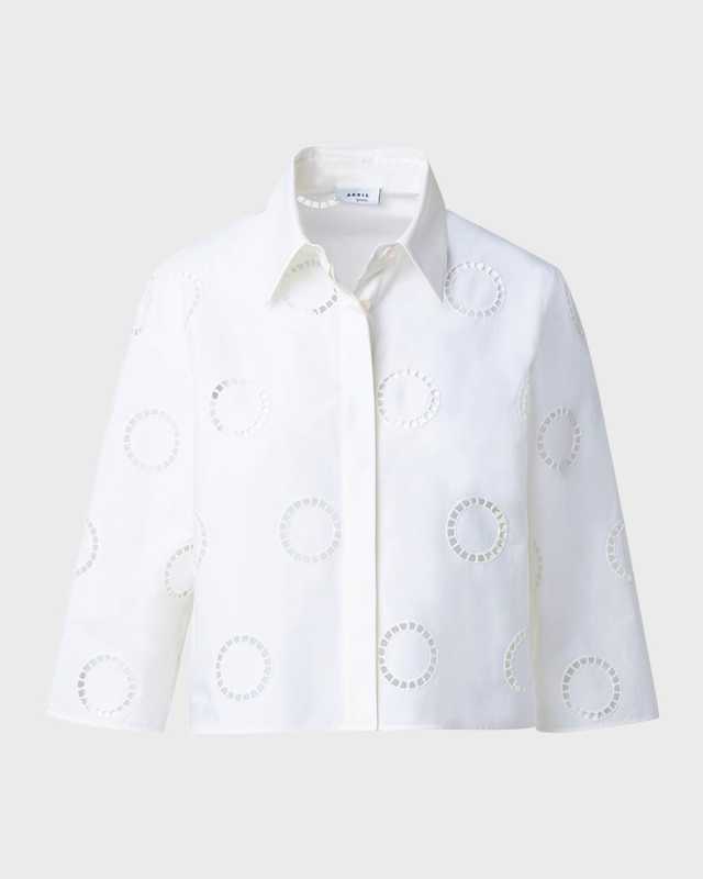 Circle Eyelet Embroidered Cotton Poplin Crop Collared Shirt